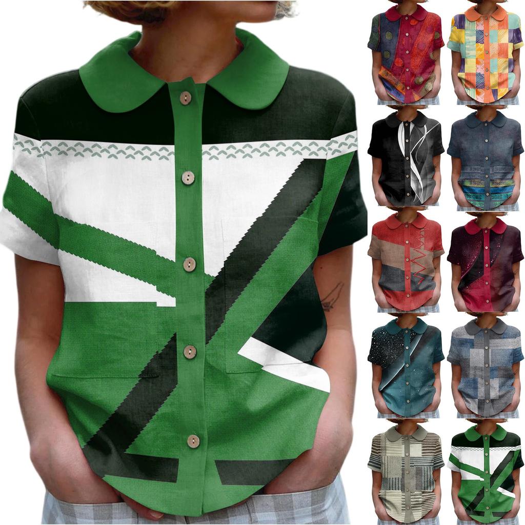 Women's Casual Fashionable Printing O Neck Button Short Sleeved Top