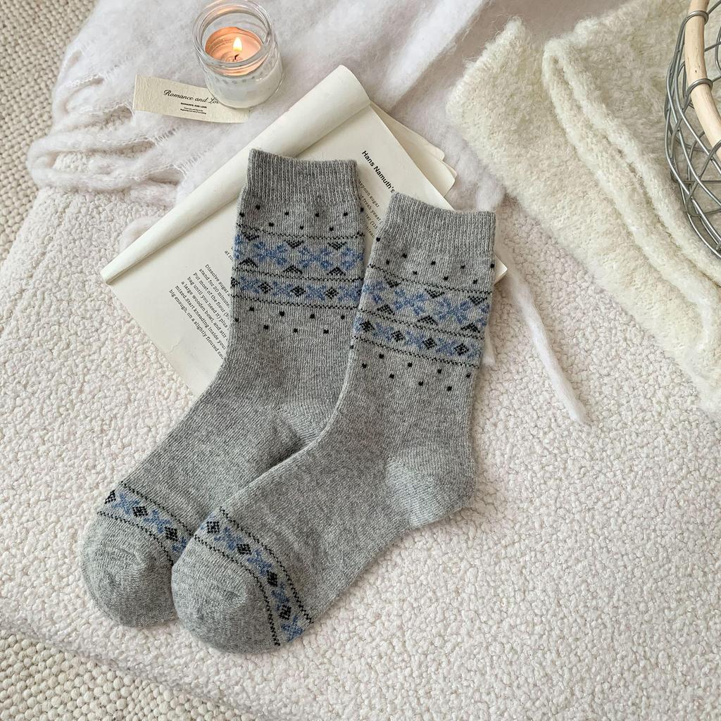 Fair Isle Vlněné ponožky s motivem sobů - Teplé ponožky střední délky v japonském stylu s mašlí na podzim a zimu