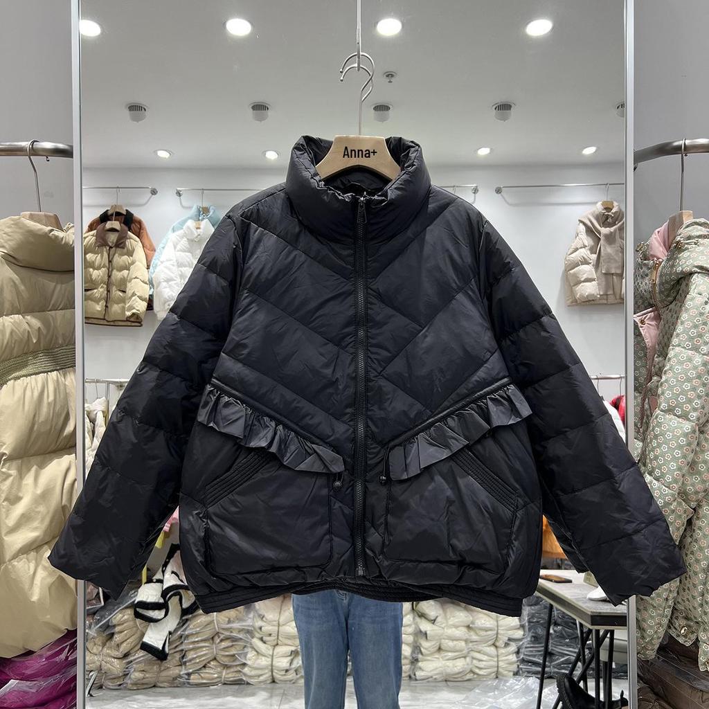 Women's 2023 Winter Korean Fashion Ruffle Collar Loose White Duck Down Jacket.