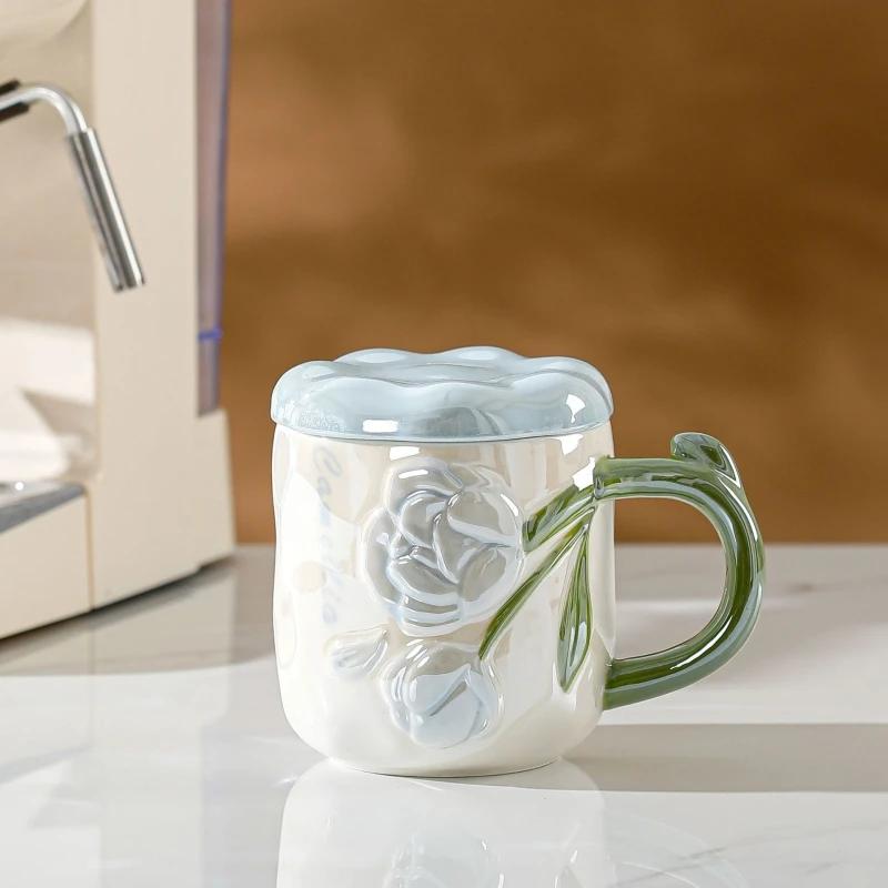 Relief Rose Flower Ceramic Mug Coffee Milk Cup Tea Cup Ins Style Hand-painted Design Couple Girl Romantic Drinkware Mug Gift