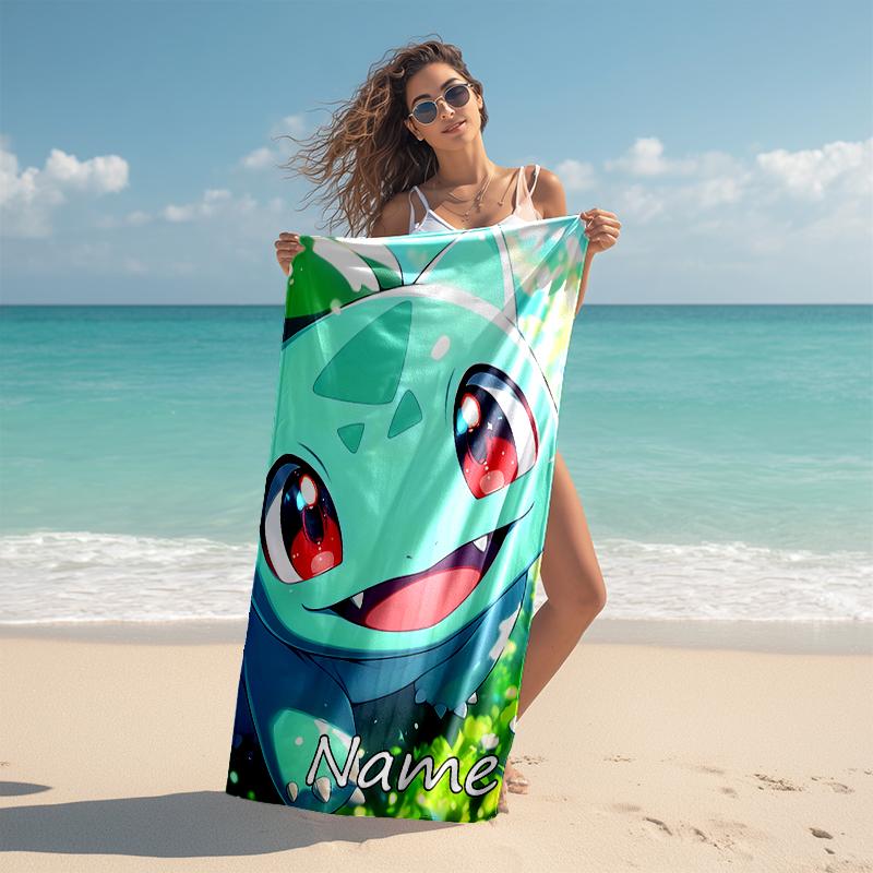 Personalized customized proof beach towel with Pokémon Bulbasaur pattern - soft, absorbent,quick-drying,perfect swimming,camping&bathing