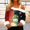 Women's Off-the-shoulder Plush Neck Printed Long-sleeved Pullover T-shirt Top