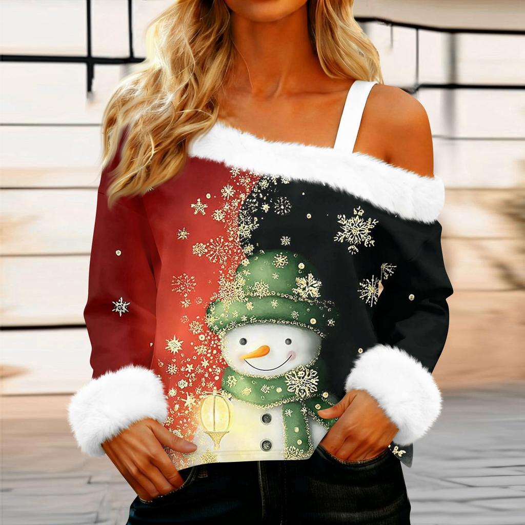 Women's Off-the-shoulder Plush Neck Printed Long-sleeved Pullover T-shirt Top