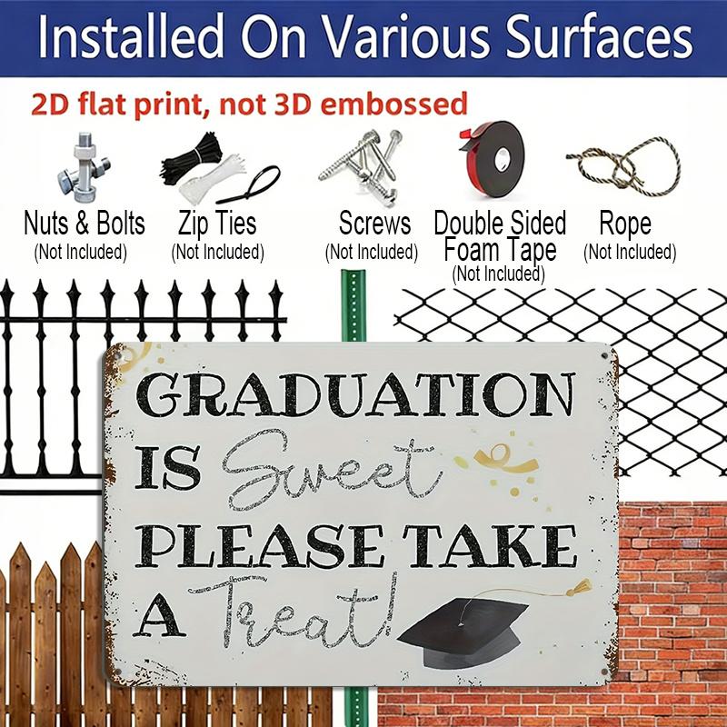2D Flat, 1pc Graduation Treats Aluminium Sign 8x12 Inch - "Graduation Is Sweet Please Take A Treat" Quote, Grad Cap & Confetti Design, Distressed