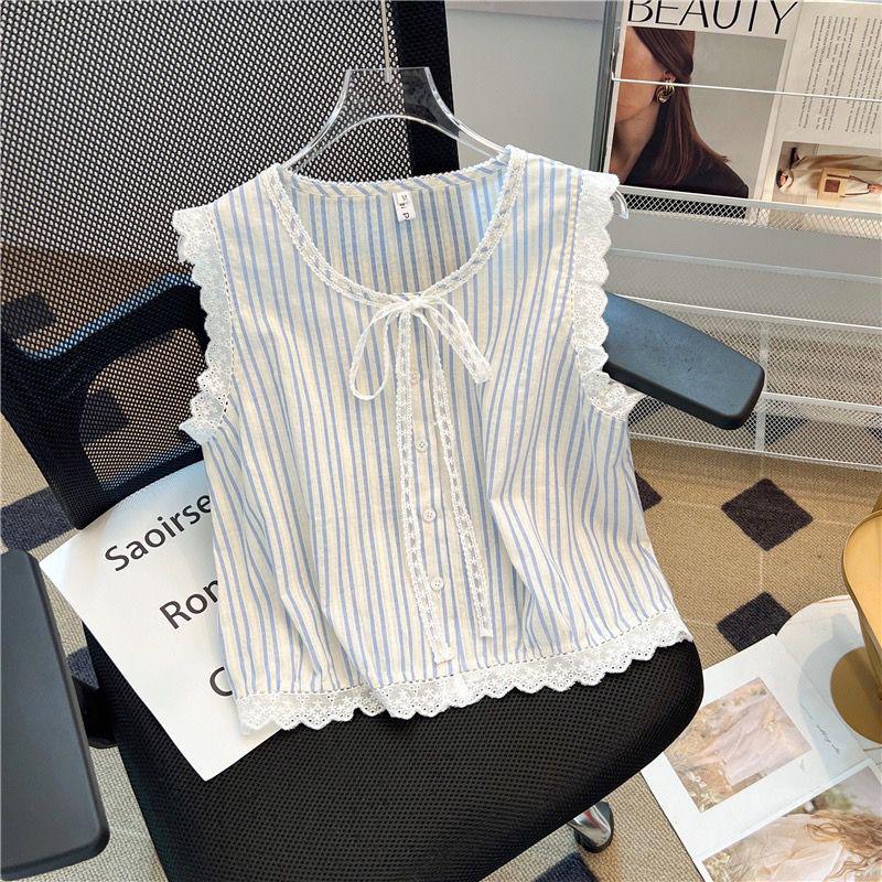 French Retro Lace-Trimmed Blue Striped Vest, 2026 Summer Style: Slimming, Age-Reducing Lace-Up Top for Women L (recommended 110-125 jin)