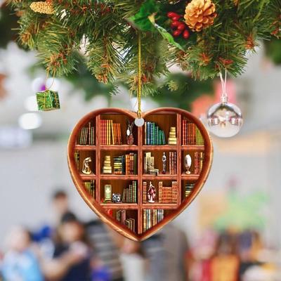 Heart Shaped Christmas Ornament Acrylic Bookshelf Xmas Tree Hanging Decorations 2D Flat Printed Book Gifts for Book Lovers