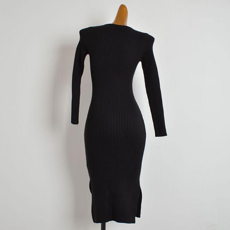 And Winter New Round Neck Long Sleeves Knitted Sweater Dress Women's Waist-Tight Slim Looking Mid Length Long Length Double Slits Hip-Wrapped Dress