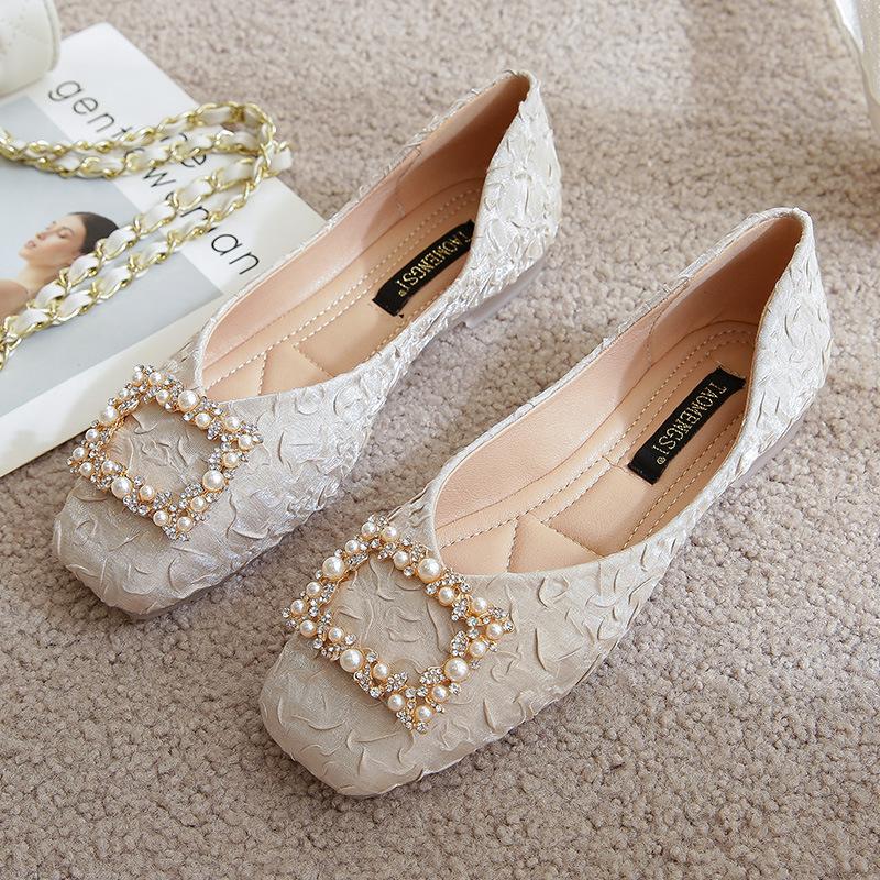 

2025 new spring satin pleated soft sole square head single shoes women s shallow mouth pearl rhinestone square buckle large size flat shoes 43