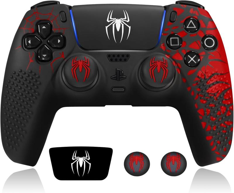 PS5 Spider Print Anti-slip Grain Silicone Protective Case Set | 1 Grain Cover + 2 Convex Thumb Caps +1 Decor Sticker красный/чёрный