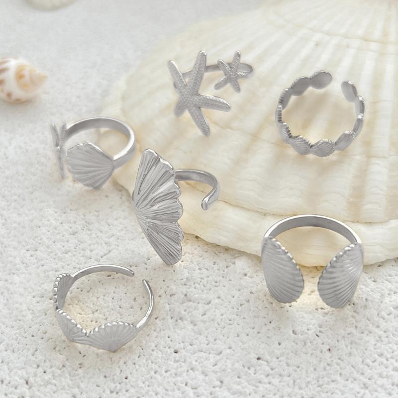 6 Piece Marine Summer Jewelry Adjustable Rings Set Starfish Shell Design Alloy Stackable Gift for Her Beach Holiday