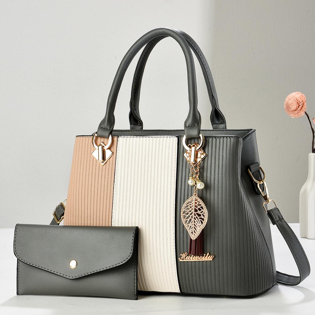 Practical Patchwork Handbag Combo With Mini Pouch, Multi-purpose Top Handle Shoulder Crossbody Matching Bag For Ladies