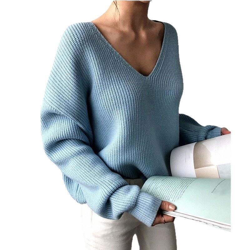 Women's Solid Color V-neck Knit Pullover Sweater - 2026 Autumn/Winter Loose Fit, Lazy Style