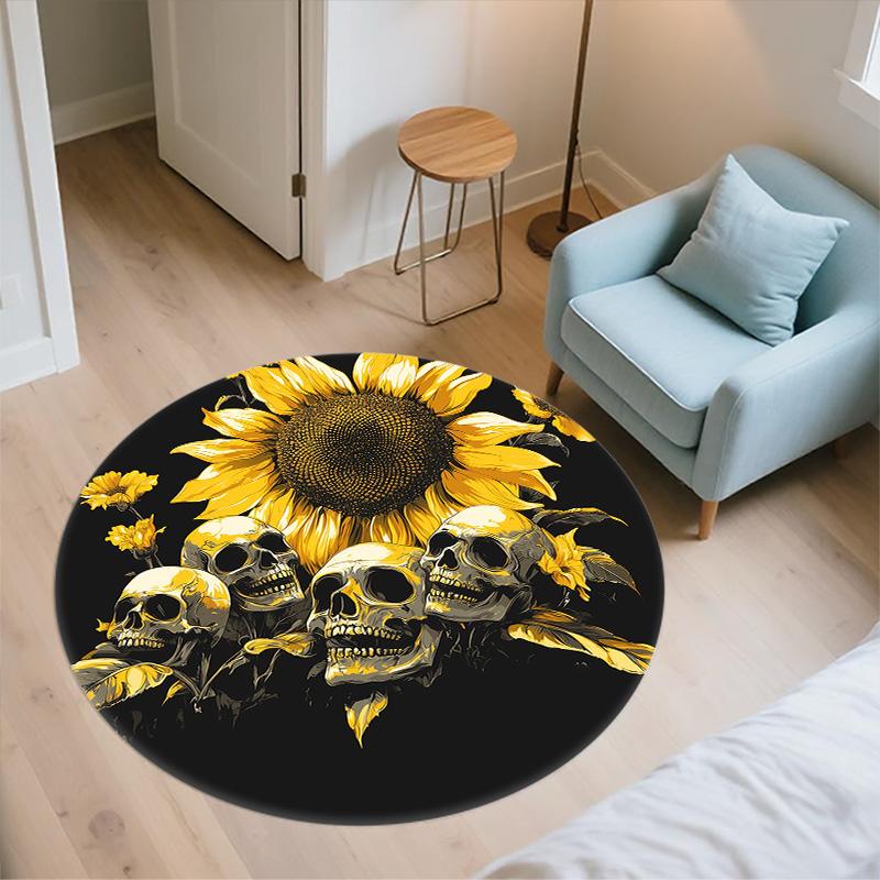 Sunflower and Skull,Round Area Rug,Carpet Rug for Living Room Bedroom Sofa Playroom Decor,Non-slip Floor Mat