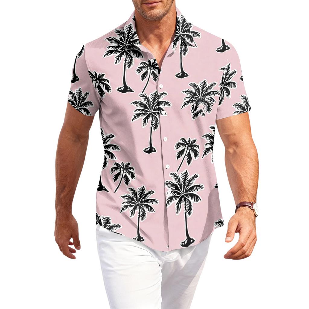 Men's Casual Loose Fit Short Sleeve Hawaiian Shirt Button Down Lightweight Summer Beach Shirt with Shark Print Design