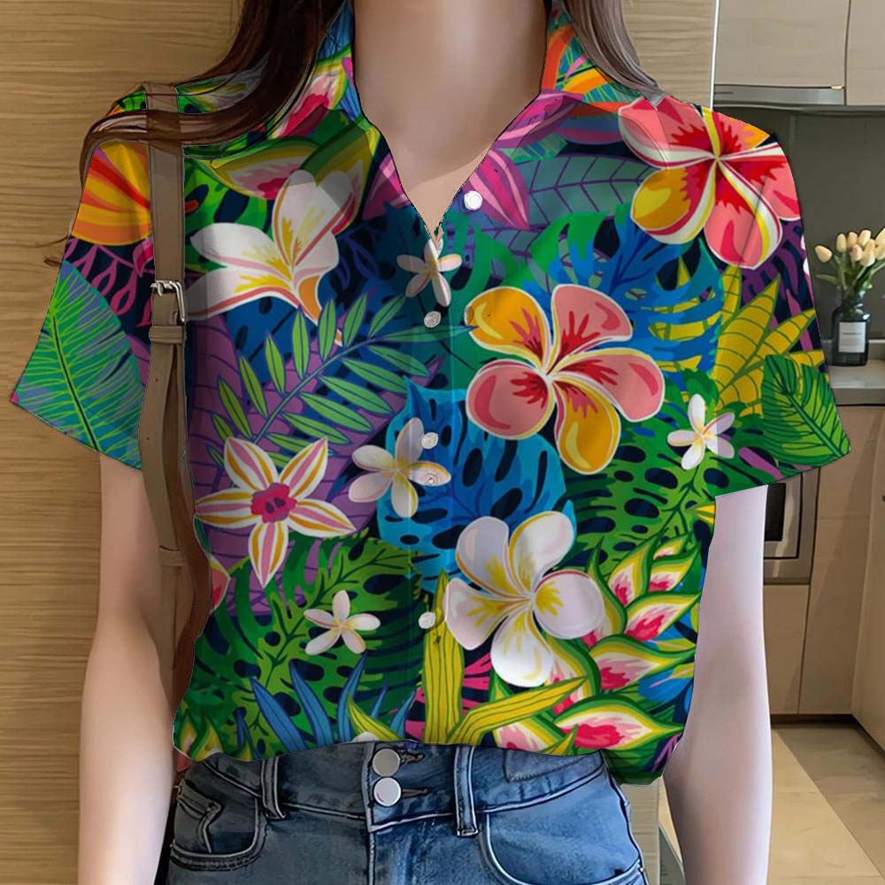 Womens Shirts Tropical plant leaves 3D Printed Tops Casual Hawaiian Short Sleeve Button Beach Shirt Summer y2k Women's Clothes