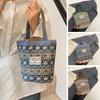 Casual Hand-Carrying National Style Tote Bag Linen Flower Printed Bohemian Handbag Lightweight Lunch Bag Women