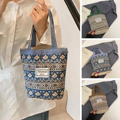 Casual Hand-Carrying National Style Tote Bag Linen Flower Printed Bohemian Handbag Lightweight Lunch Bag Women