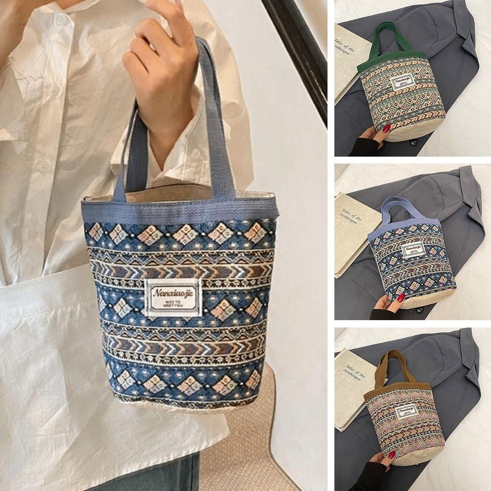 Casual Hand-Carrying National Style Tote Bag Linen Flower Printed Bohemian Handbag Lightweight Lunch Bag Women