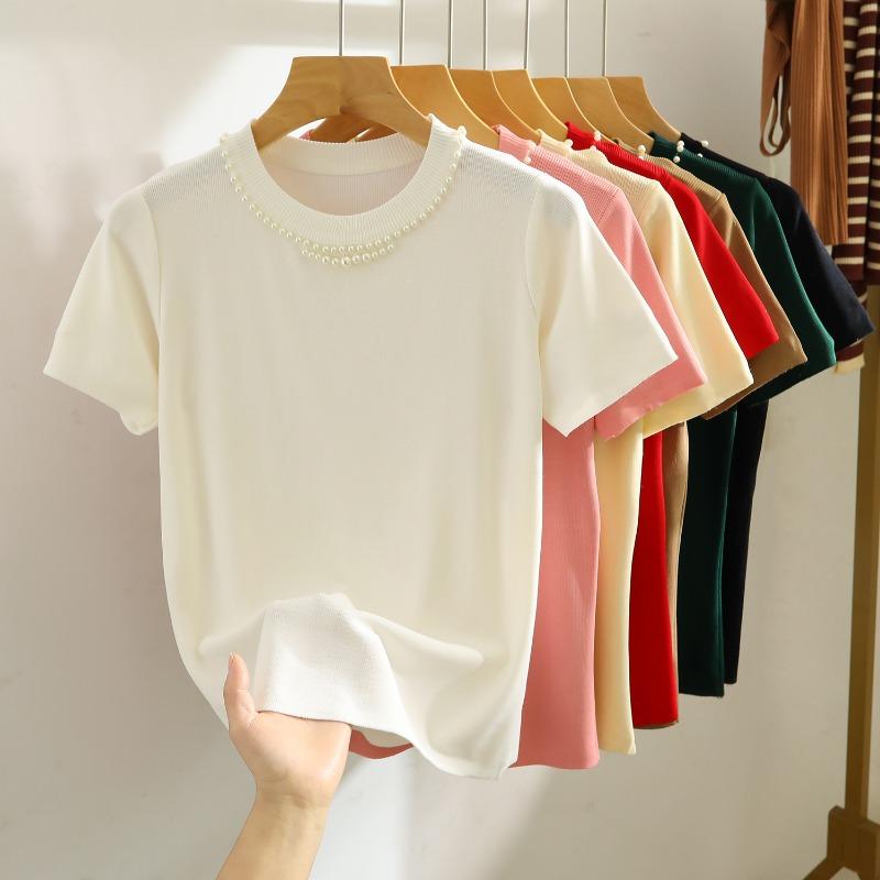 Fashion Short Sleeve Loose Knitted T Shirt Women Summer New Beading Round Neck Casual Women's T-shirt Tops Elegant Slim Fit Simple Woman Tee 26235