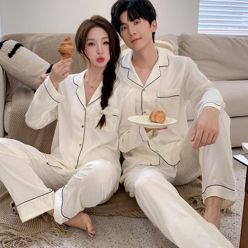 

Premium Ice Silk Jacquard Couple Pajama Set - Long Sleeve, Long Pants, Plus Size, Men s & Women s Homewear Women L