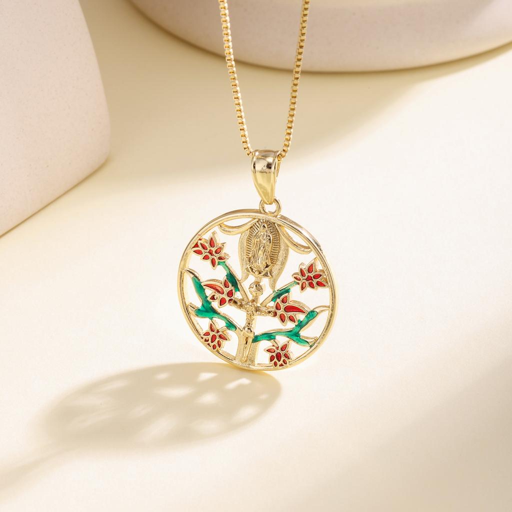 Nidin Vintage Our Lady Guadalupe Tree Of Life Pendant Necklace For Women Enamel Religious Virgin Mary Charm Christian Jewelry