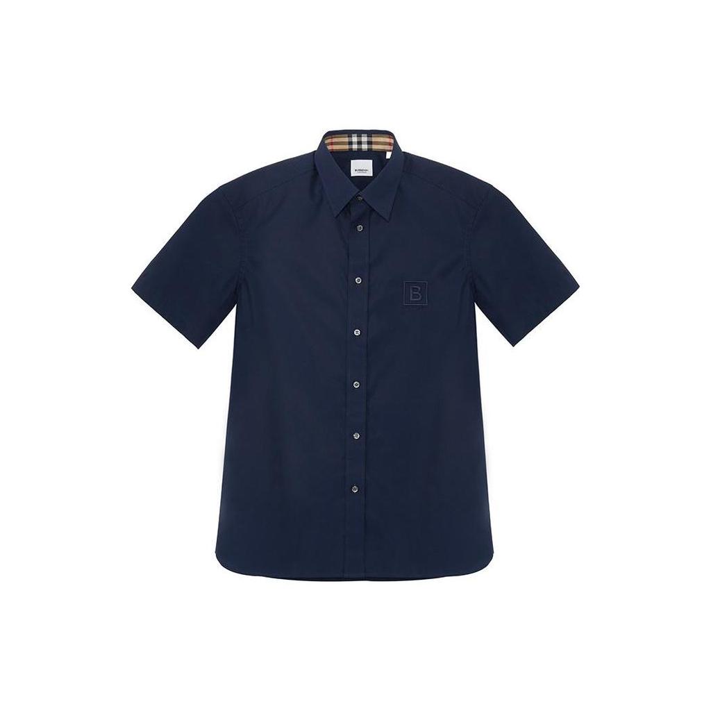 Burberry FW22 Men's Logo Embroidered Button-Up Short-Sleeve Shirt Navy 80618621