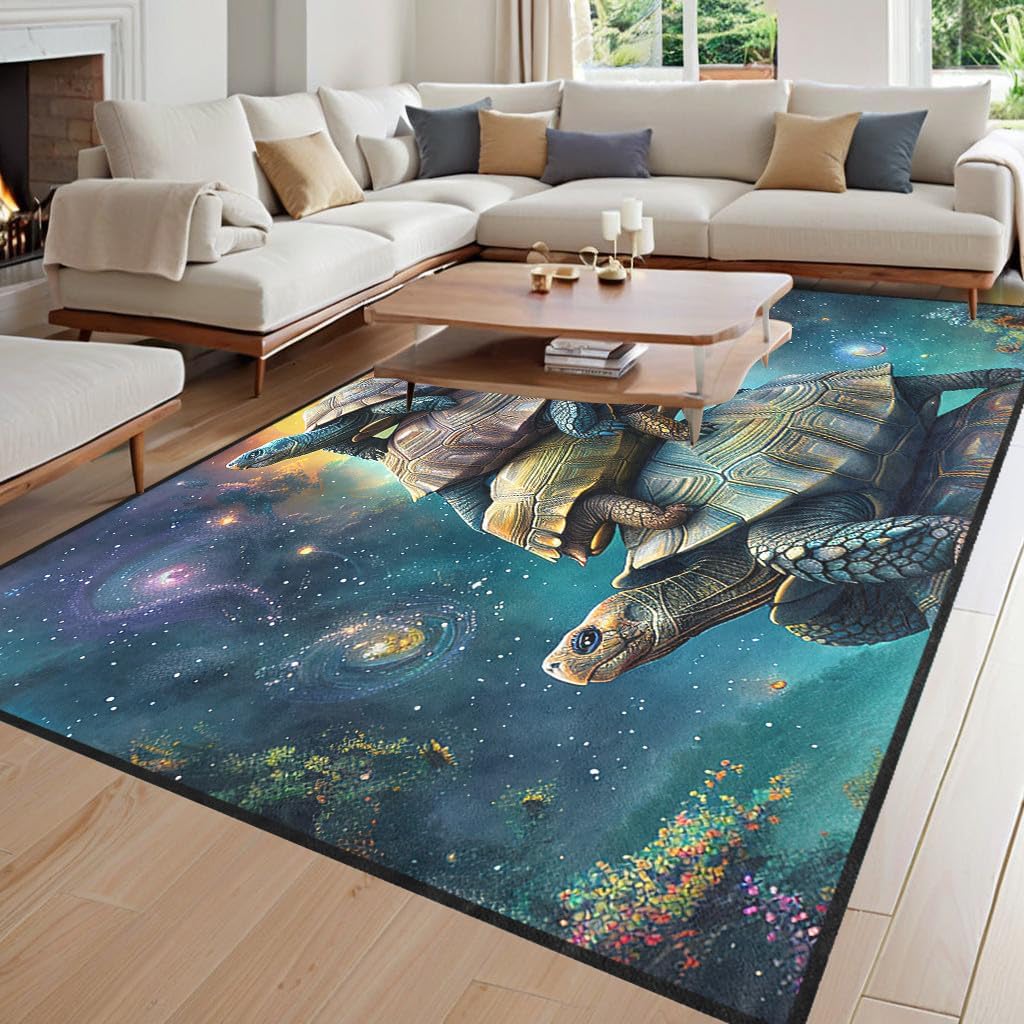 Funny Sea Turtle Rug for Kids Room, Galaxy Ocean Theme Carpet, Cartoon Playroom Floor Mat, Non-Slip Bedroom Rug