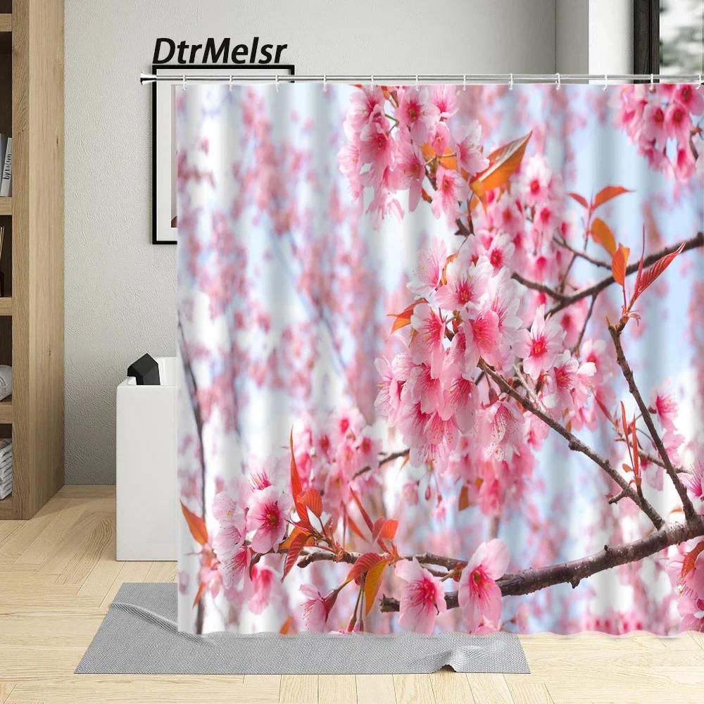 Pink Flowers Shower Curtain Nature Cherry Blossom Floral Modern Simple Nordic Home Decor Bathroom Cloth Bath Curtains With Hooks