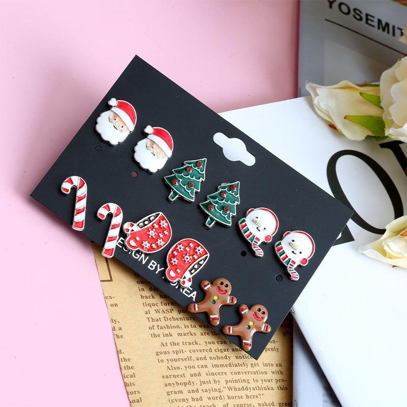 Christmas Earrings Santa Tree Snowman Rod Hat Cookie Man Christmas Stud Earrings Set Ornament