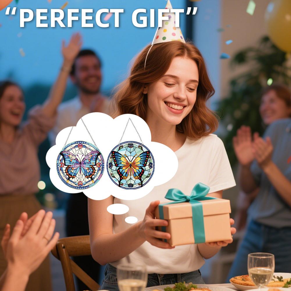 2 Stück Tier-Thema 2D/Flach DIY Einseitiger Bohrer Hängende Diamantmalerei-Kits Diamantmalerei Anhänger Fensterhängekunst für Heimdekoration