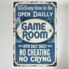 Vintage Metal Sign Game Room Decor with Cowboy & Truck, Blue Background White Rusty Edges, Open Daily & No Cheating, Retro Wall