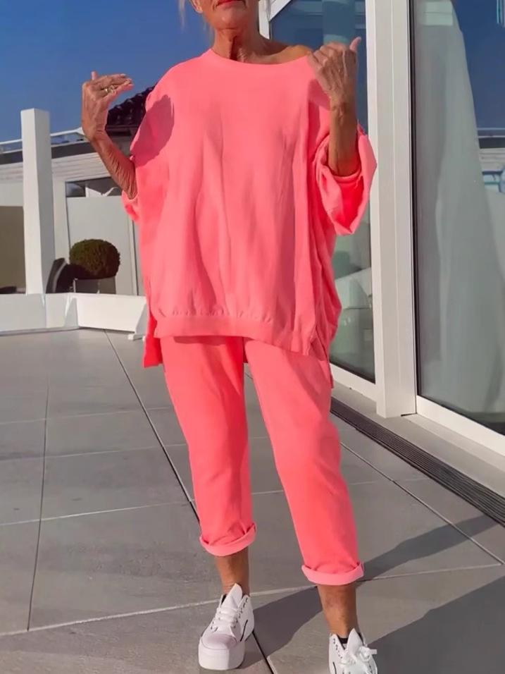 2025 Women's Casual Solid Color Long Sleeve Top and Pants Set - European & American Style