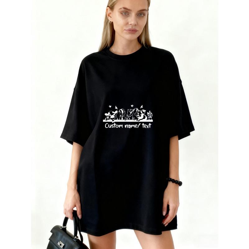 Oversized T Shirt Black Custom Name Text Floral And Animal Print Graphic For Casual Wear