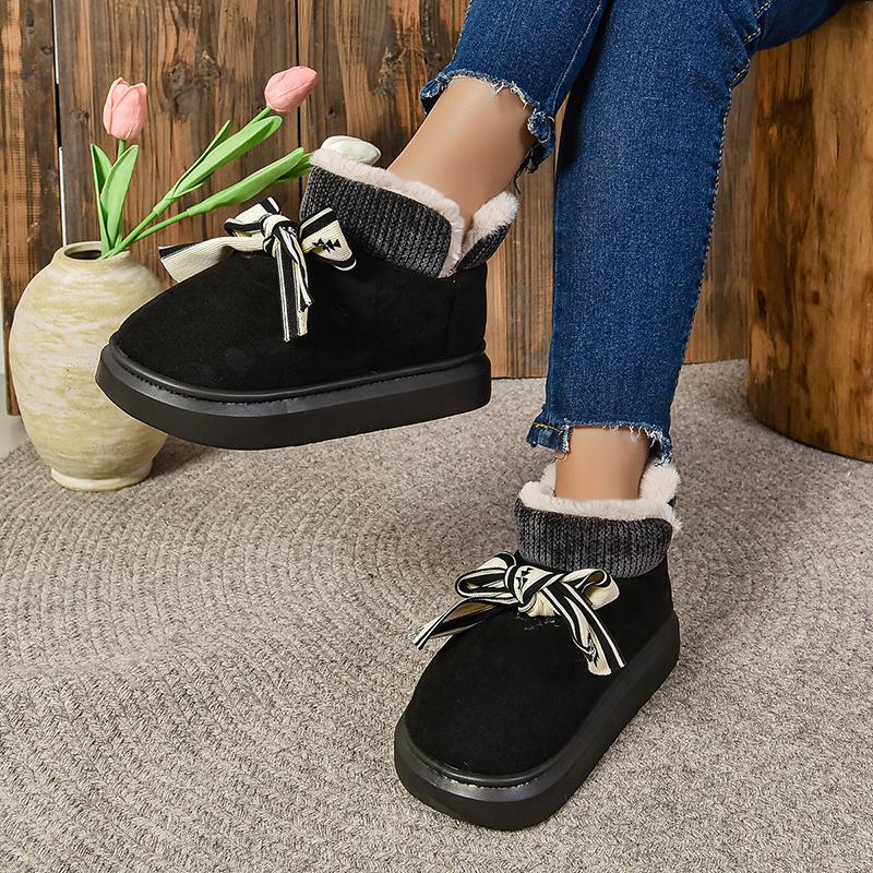Mode Winter Wildlederimitat Baumwolle Stiefel Damen Zuhause Schleife Wolle Stiefeletten 2024 Neu Wärme Dicke Sohle Prinzessinnen-Stil Kurze Stiefeletten