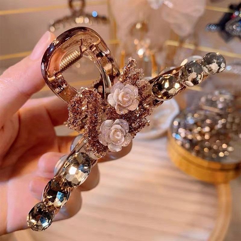 Light Luxury  High-end Sense of Flower  Pearl  Rhinestone  Clip  Female Back Head  Hair Clip  Large Hairpin  Headdress  Hairpin