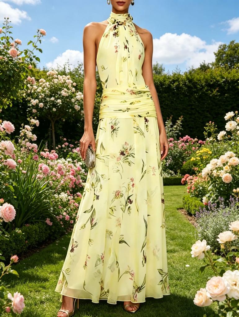 Europäisches und amerikanisches, französisches Halsblumenkleid, farbenfrohes Chiffon-Faltenbund ärmelloses schulterfreies Feenkleid