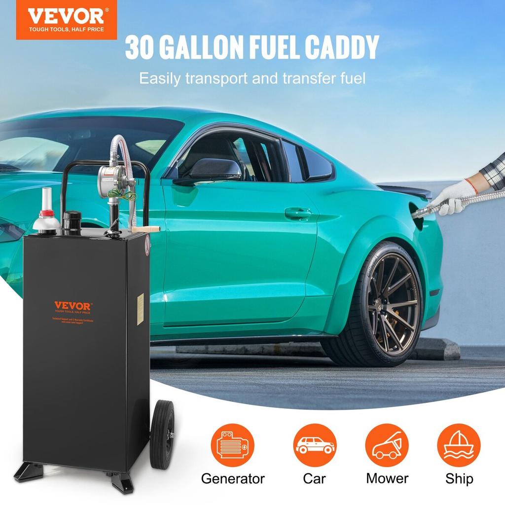 30 Gallon Gas Caddy, Fuel Storage Tank with Wheels, Portable Fuel Caddy with Manuel Transfer Pump, Gasoline Diesel Fuel Container for Cars, Lawn