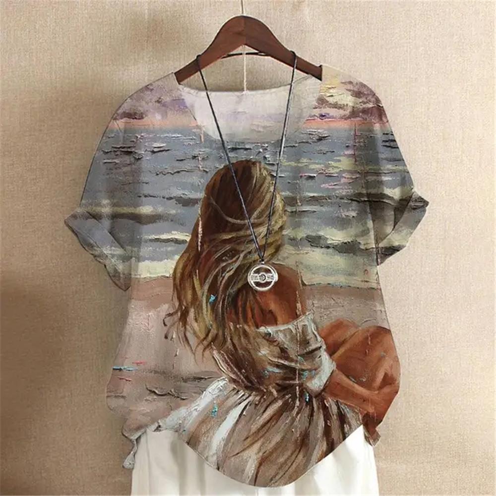 Oil Painting Y2k Girls Digital 3D Print Summer Fashion Women T-shirt Short Sleeve Everyday T-shirt Harajuku Vintage Pullover