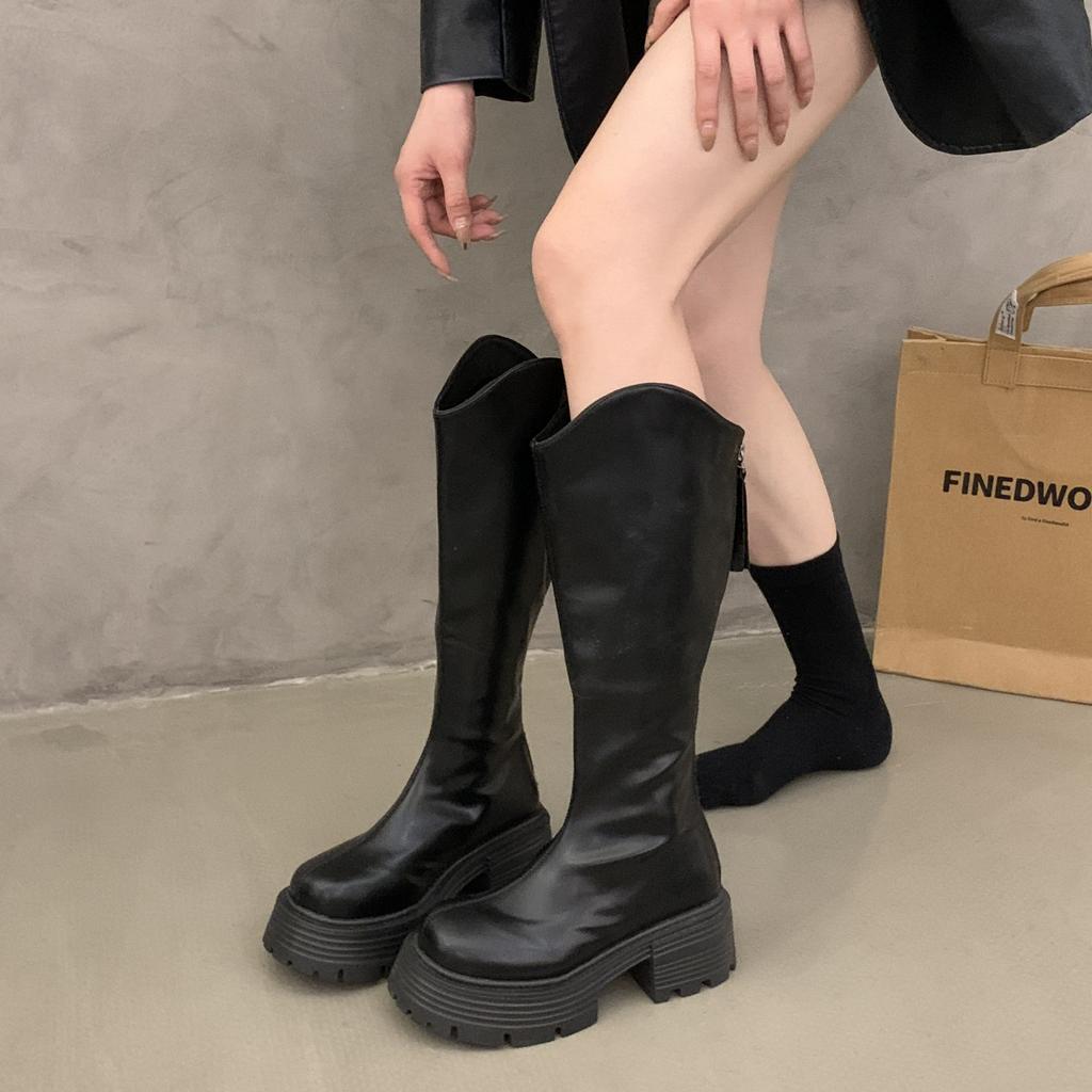 Muffin Thick-soled Small Man Thin Long Tube Knight Boots Women's 2025 Autumn and Winter New Black Heightening Medium Tube Long Boots