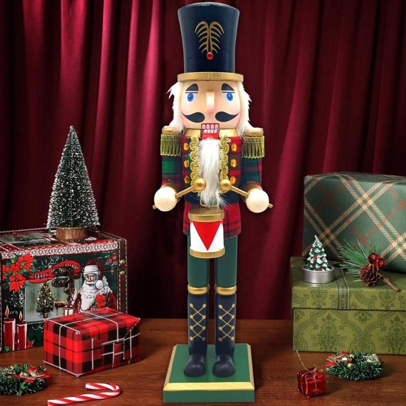 Traditional Wood Checkered Nutcrackers 38cm Figure Ornament Christmas Soldier King Puppet Figurine Holiday Decoration