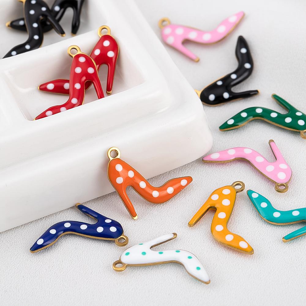 10pcs 304 Stainless Steel Double-Sided Enamel High Heel Pendant With Polka Dots Fashion Versatile DIY Necklace Jewelry Finding