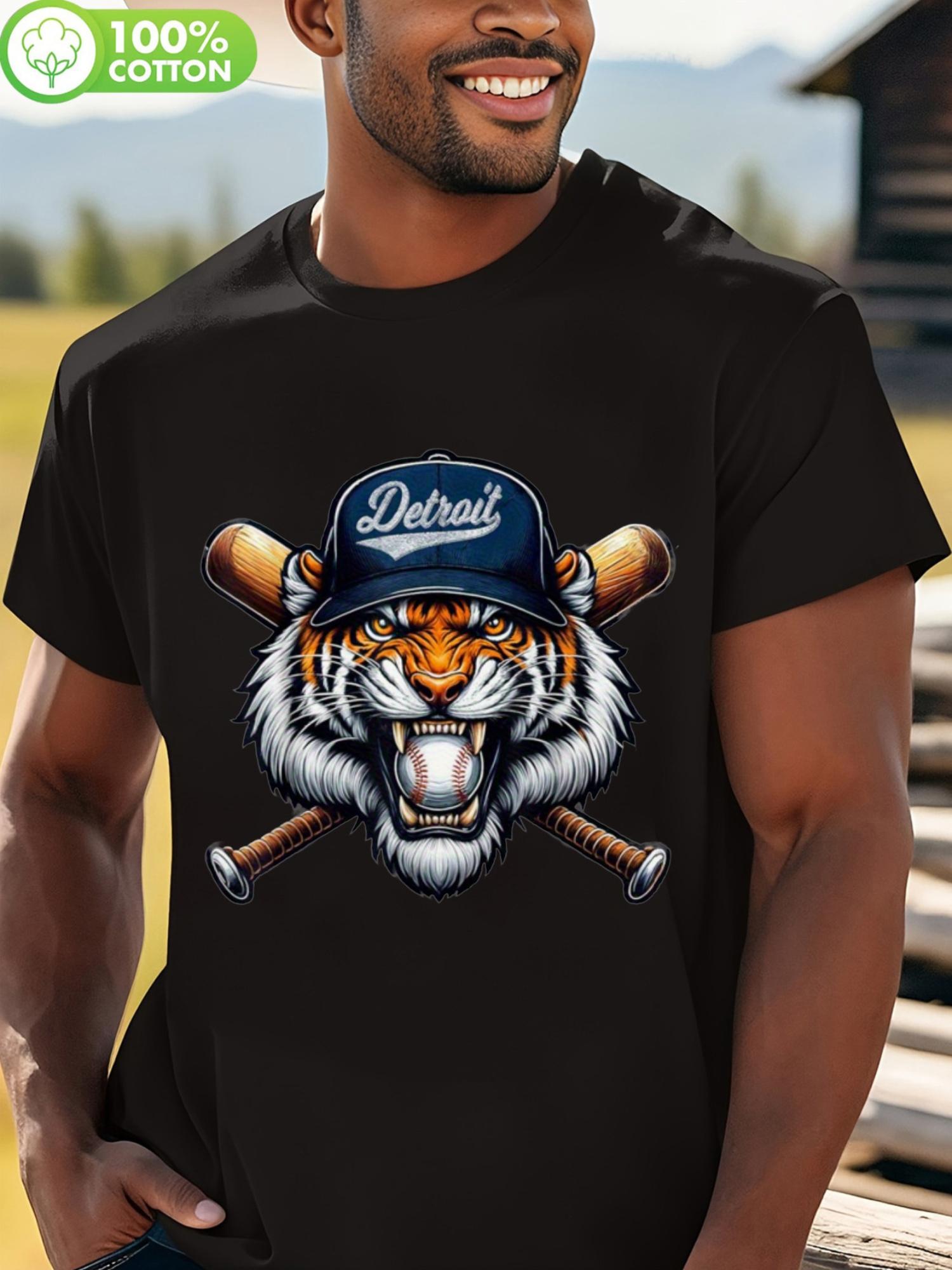

Vintage Detroit Tiger Graphic T-shirt - 100% Cotton Relaxed Fit Crew Neck Tee with Baseball Bat Design S