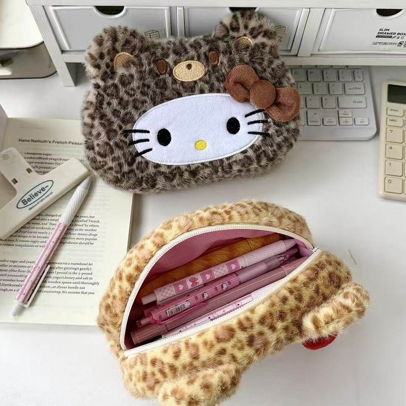 Hello Kitty Plush Pencil Case New Leopard Print Japanese Style Large Capacity Aesthetic Stationery Pouch For Adult Daily Use