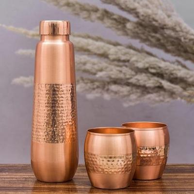 Pure Copper Water Bottle with Glass , Durable and Rust Resistant Tamba Bottle with 2 Drinking Glasses