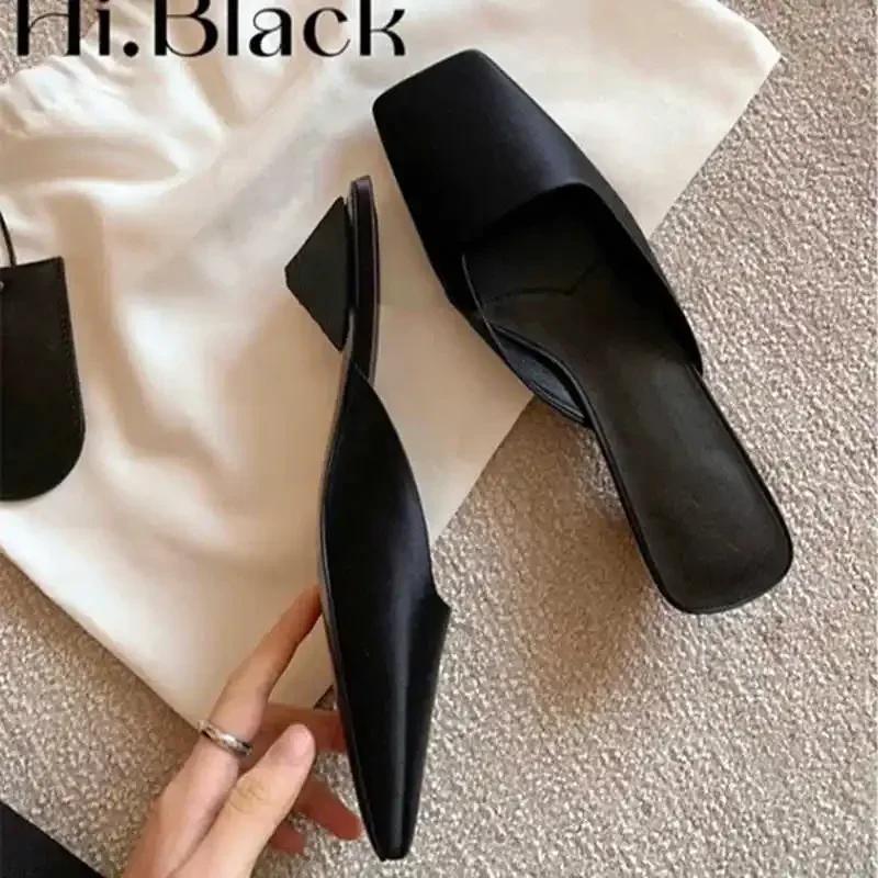 Fashion Luxury Satin Design Mules Shoes for Women Summer Sexy Square Head Strange Low Heel Slide Sandals Elegant Comfort Dress Slippers