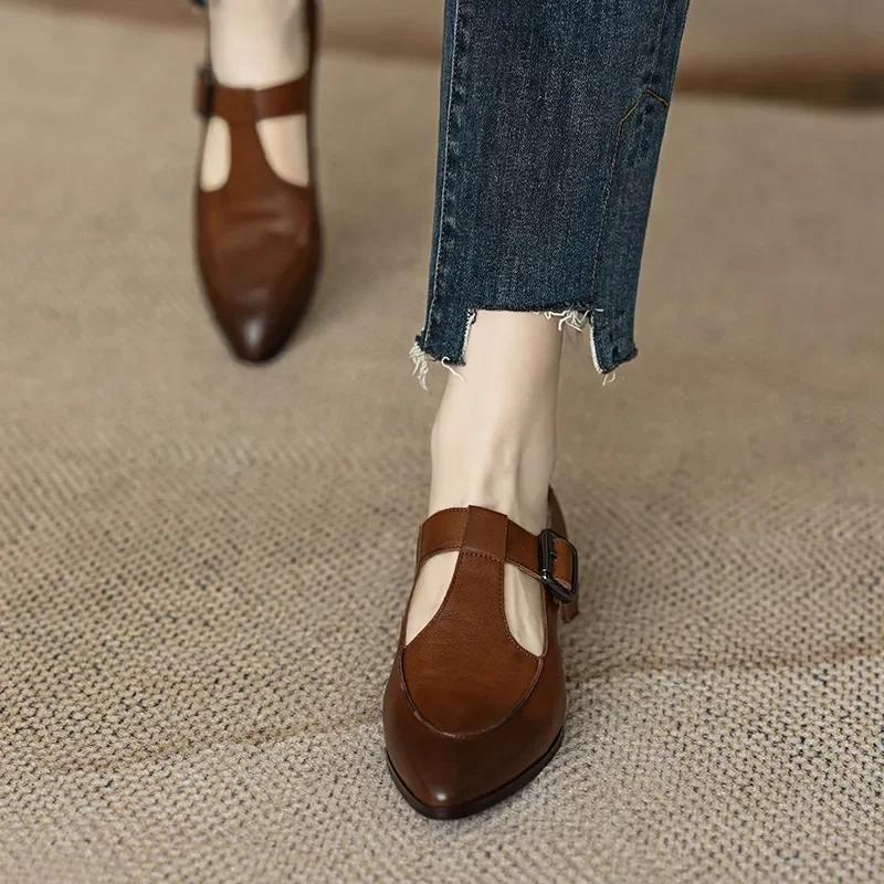 Pantofi de damă retro cu toc jos și platformă, cu cataramă în formă de T, Mary Jane, la modă, retro, 2024