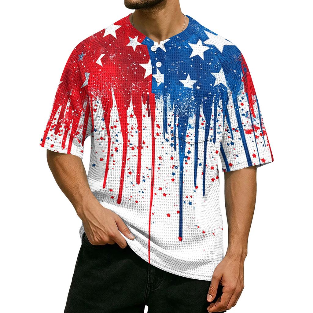 Men's Casual Waffle Knit Short Sleeve Shirt Button Front Patriotic Star Print Lightweight Breathable Summer Top