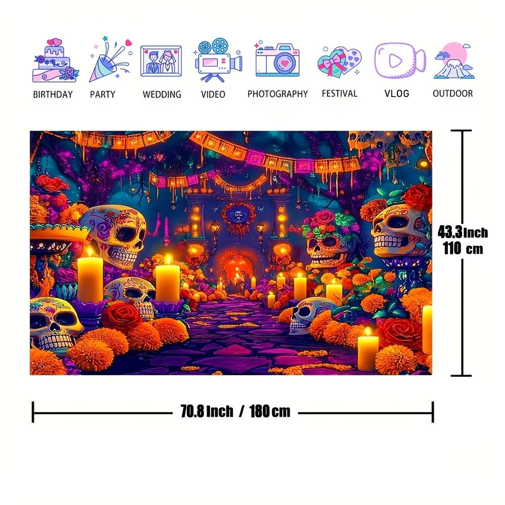 One Polyester Background Fabric for Dia De Los Muertos, Featuring Skulls and Flowers Design, for Indoor Party Decoration Banner