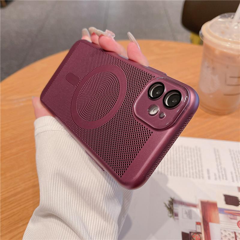 

Магнитный чехол с полным покрытием для рассеивания тепла и пленкой для линз для Apple iPhone 12 11 Pro Max, сетка против отпечатков пальцев, жесткий защитный чехол для задней панели из ПК For iPhone 12 Pro Max вино красного