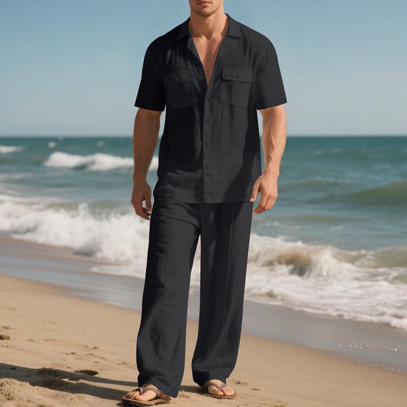 Men's European and American Casual Linen Short-Sleeve Shirt & Long Pants Set
